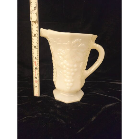 Vintage Milk Glass Pitcher With Embossed Grape Vine Design & Hexagonal Base - Picture 2 of 7